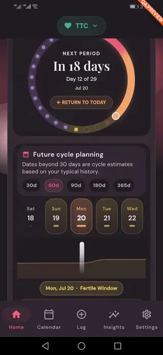 Luna Future Cycle Planning: See your fertile window, period dates, and cycle phases up to 365 days ahead — Standard, PCOS, TTC, Perimenopause, Pregnancy, or Contraception mode
