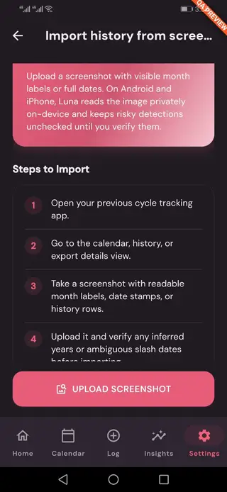 Luna Import History: Upload screenshots from Flo, Clue, or Stardust and migrate years of cycle history privately on-device