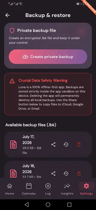 Luna Backup and Restore: Create encrypted .lbk backup files and keep them under your control