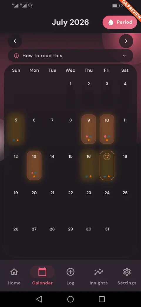 Luna App calendar month grid screen