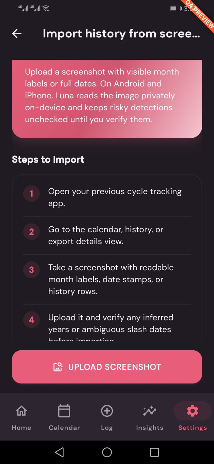Luna Import History: Upload screenshots from Flo, Clue, or Stardust and migrate years of cycle history privately on-device