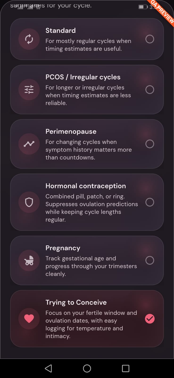 Luna App tracking modes list selector screen